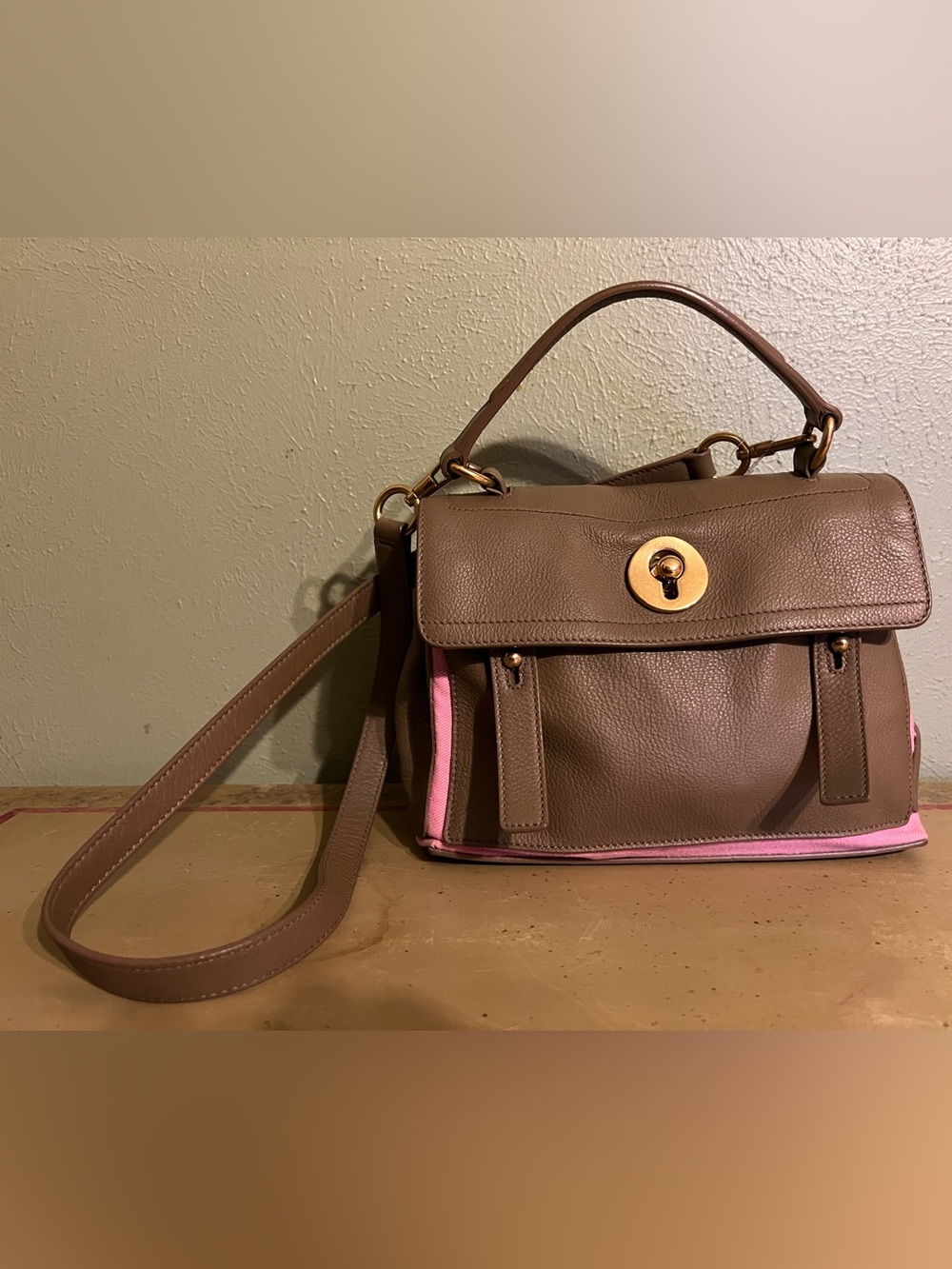 YVES SAINT LAURENT (YSL) Muse Beige & Pink Pebble Leather Satchel Crossbody